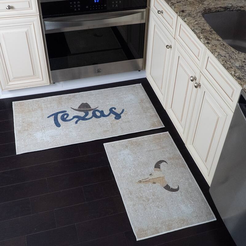 US States Design Non Skid Washable Kitchen Runner Rugs Set of 2 - Set of 44 x 24 and 31.5 x 20 Inches Low Pile Floor Mats - Texas