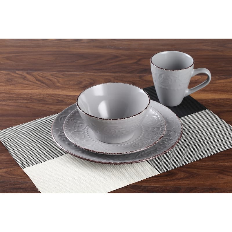 Lorren Home Trends 16 Piece Stoneware Scroll Dinnerware Set-Gray