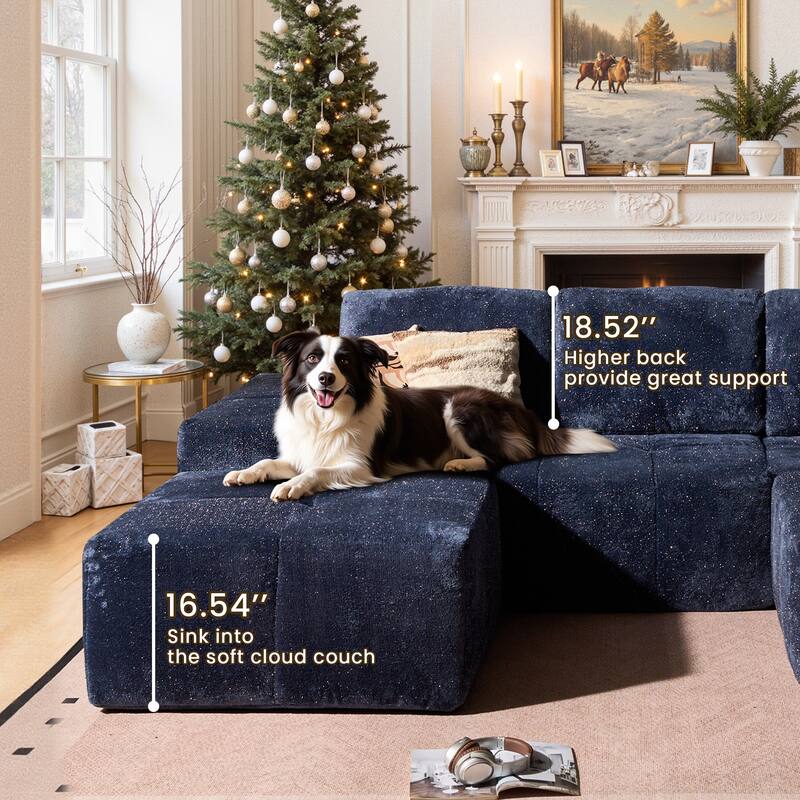 HOOOWOOO Modern Sparkly Velvet Fabric Chaise Sofa Couch with Ottoman