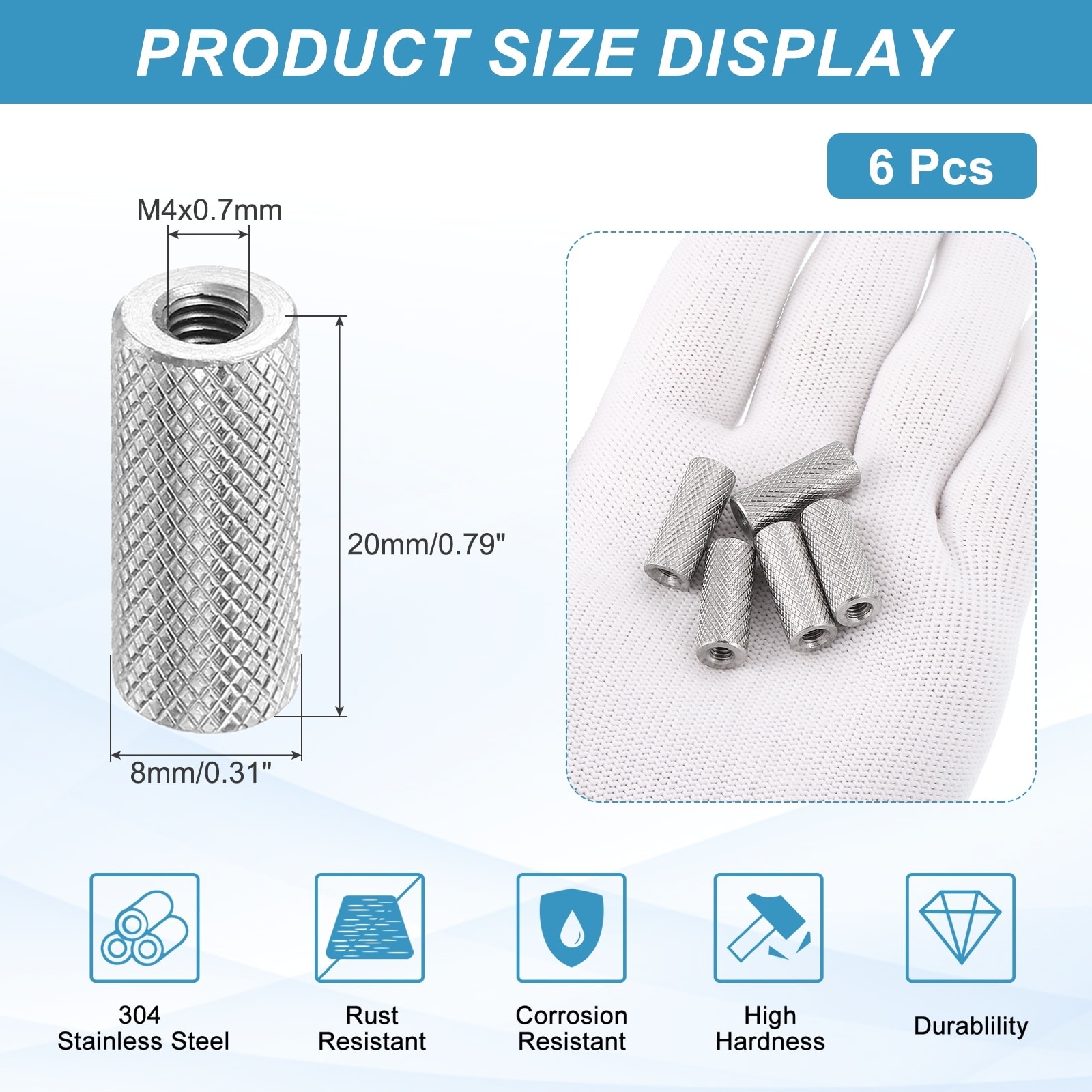 M3 6 Pack 304 Stainless Steel Round Knurled Connector Nuts,0.24"OD x 0.24"H
