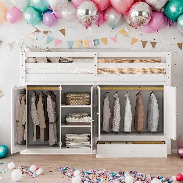 slide 2 of 40, Twin Size Loft Bed With Drawer,Two Wardrobes and Mirror,Solid Construction White