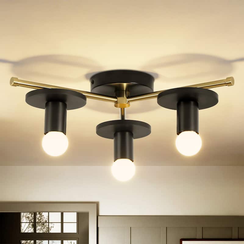 17.5" W 3-Light Modern Green/Black Sputnik Metal Wooden Semi-flush Mount Ceiling Light for Living Room, Bedroom - Black/Gold
