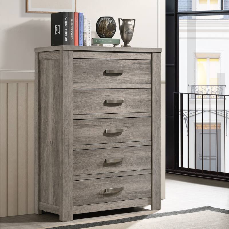 Roundhill Furniture Floren Contemporary Weathered Gray Wood Bedroom Set, Panel Bed, Dresser, Mirror, Nightstand, Chest