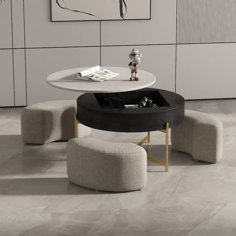 Lifting-top Round Modern Coffee Table with 3 Nesting Stool, Carbon ...