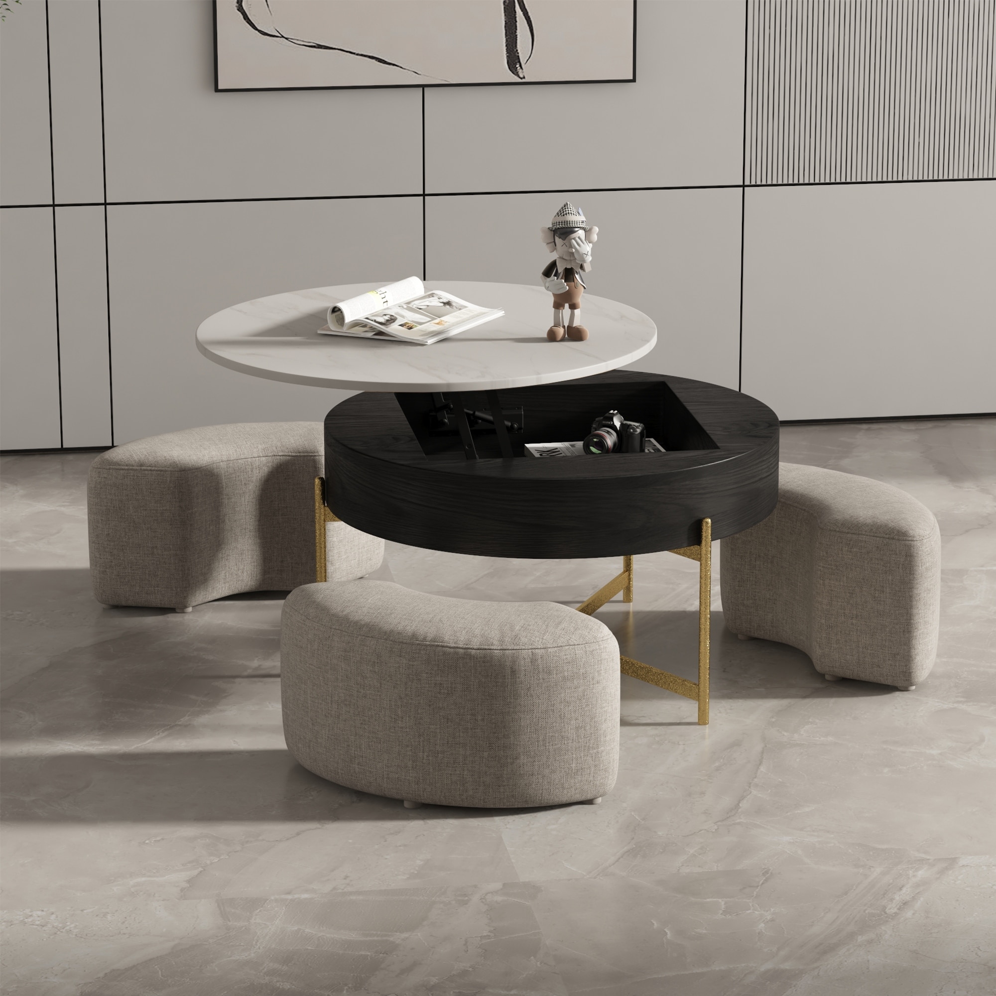 Lifting top Round Modern Coffee Table with 3 Nesting Stool Carbon