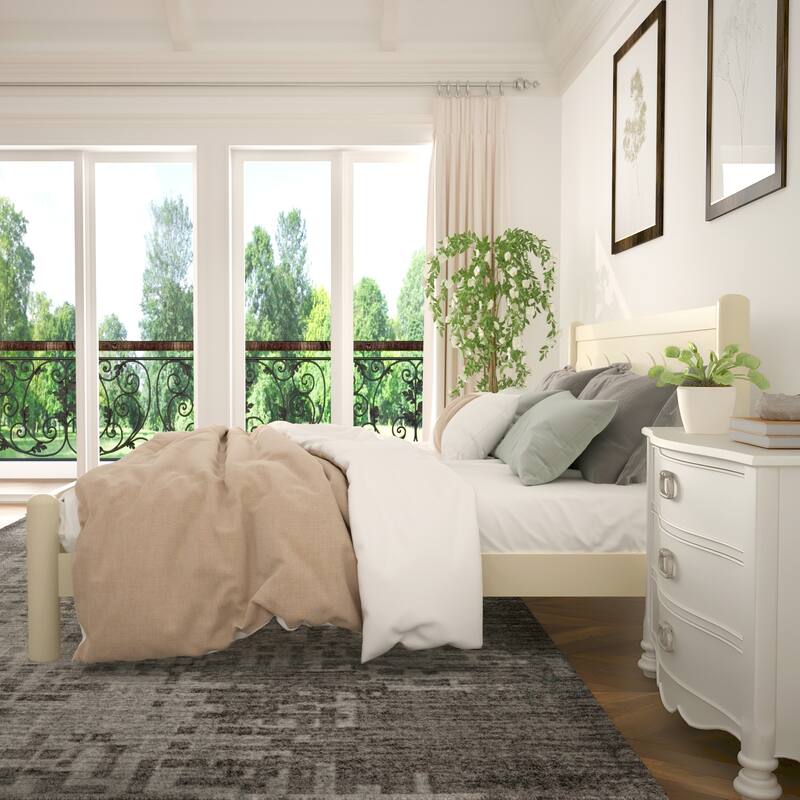 King Size Solid Wood Platform Bed with Headboard, 10 Wooden Slats Support, No Box Spring Needed, Beige Finish