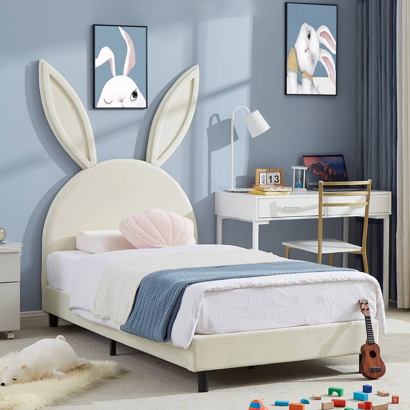 Javlergo Twin Size Kids Bed Frame with Cute Ears Velvet Headboar No Box Spring Required Bed Children's Bed - Beige Bed Frame - Beige