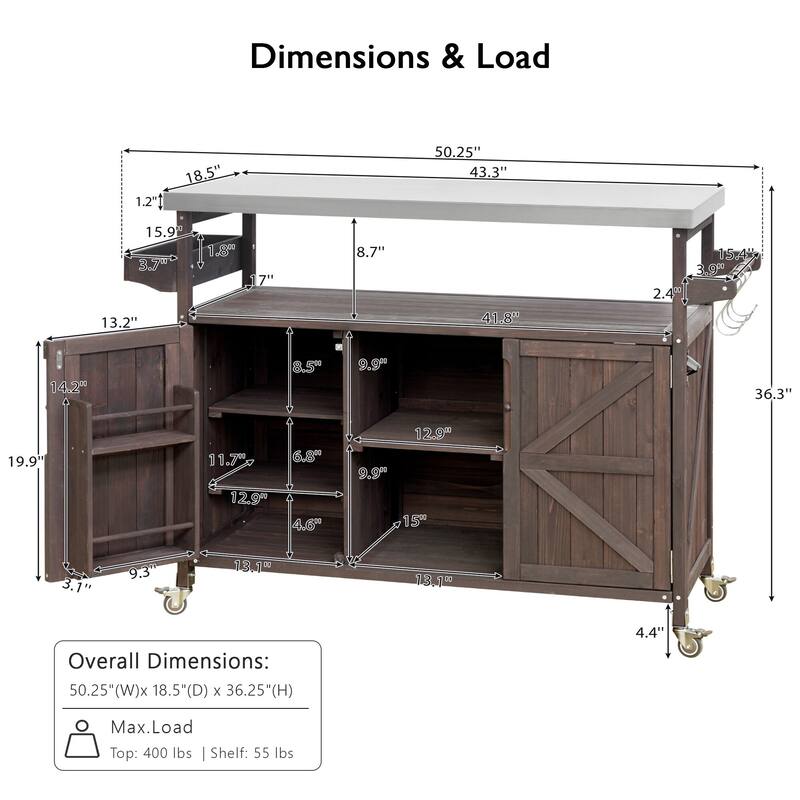 50.25'' Rubber Wood Kitchen Island with Spice Rack , Towel Rack, and Rolling Wheels - 50.25'' x 18.5'' x 36.25''
