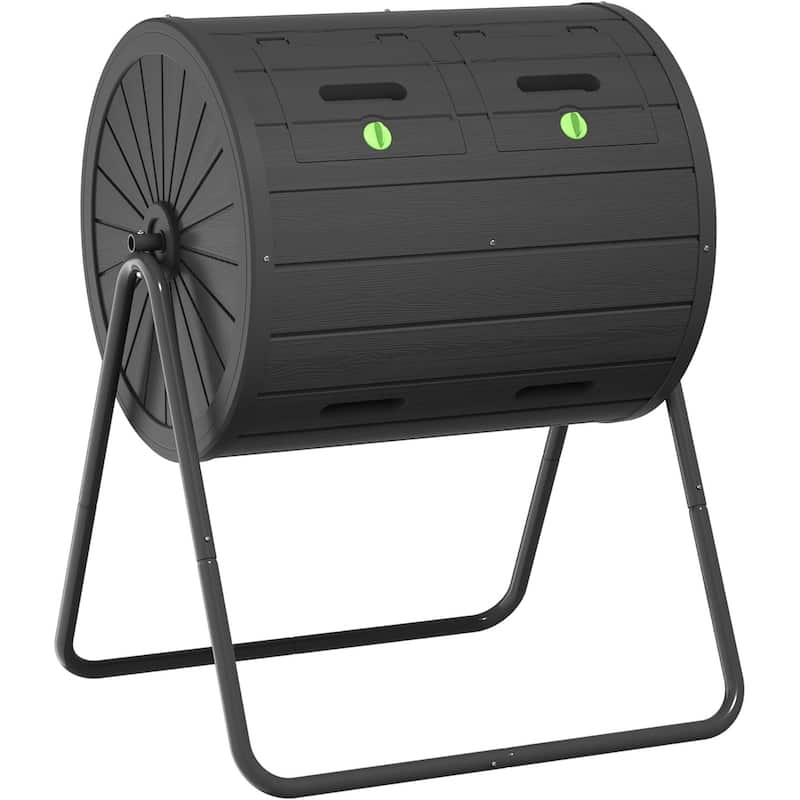 Dual Chamber Tumbling Composter, 43 Gallon Outdoor Tumbling Composter, Rotating Design with Renovate Doors and Steel Frame - Plastic