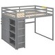 preview thumbnail 10 of 11, Grey Full Size Loft Bed with Storage Shelves & Wardrobe, Space Saving Wood Loft Bed Frame with LED Light for Kids Teens Adults