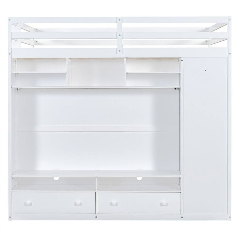 Full Size Loft Bed with LED Light, Wardrobe and 2 Storage Drawers, Solid Wood Loft Bedframe with Open Storage Shelves