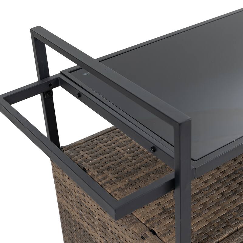 Outdoor Wicker Bar cart, Patio Wine Serving cart w/Wheels, Rolling Rattan Beverage Bar Counter Table w/Glass Top