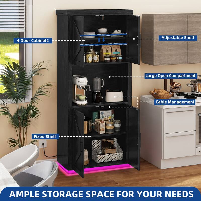 Moasis Farmhouse 71" Tall Kitchen Pantry Cabinet with Lights & Charging Station