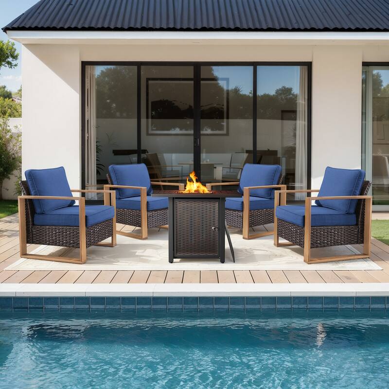 Meyreso 5-Piece Wicker Patio Conversation Set with Metal Fire Pit & Plush 4.5" Olefin Cushions