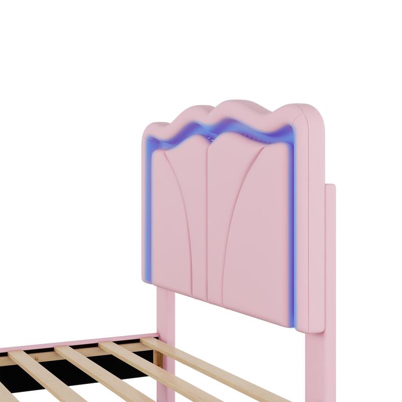 Roomfitters Twin/Full Size Upholstered Platform Bed with LED Light Headboard and Footboard, Wave Shaped Padded Frame, Pink