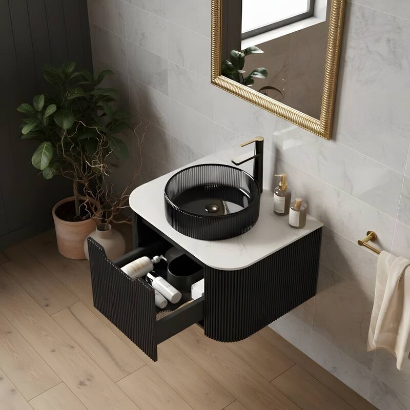 Wall Mounted Bathroom Vanity with Transparent Black Round Glass Basin