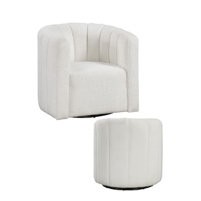 Noa Swivel Chair and Ottoman, Channel Tufted Curved Back, White Boucle