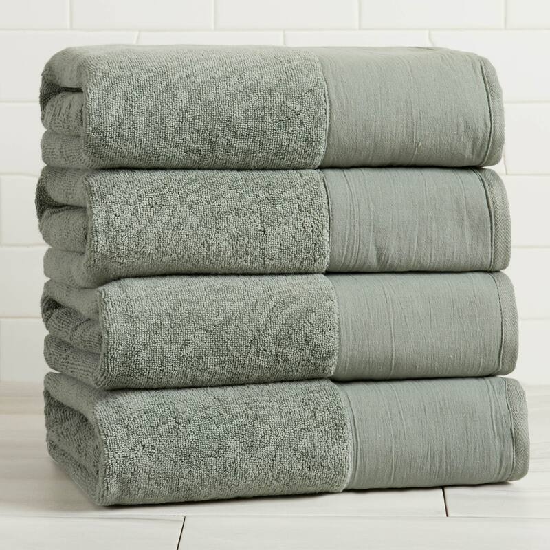 Linery & Co. Ultra-Soft Cotton and Linen Like Border Towel Set - Sage Green - Bath Towel (Pack of 4)