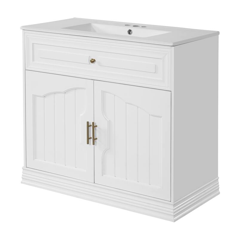 Roomfitters 36 Inch Bathroom Vanity with Ceramic Sink, Solid Wood Frame Storage Cabinet with 2 Doors