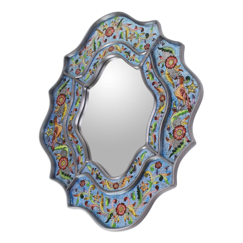 Handmade Revers Painted Bright Blue Sky Flower Mirror (Peru) - 9.75 " W x 13.0" H