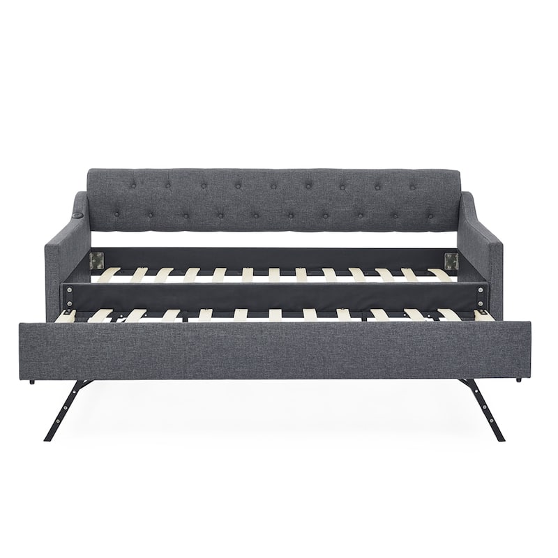 Twin Size Linen Upholstery DayBed with Twin Trundle and USB Charging