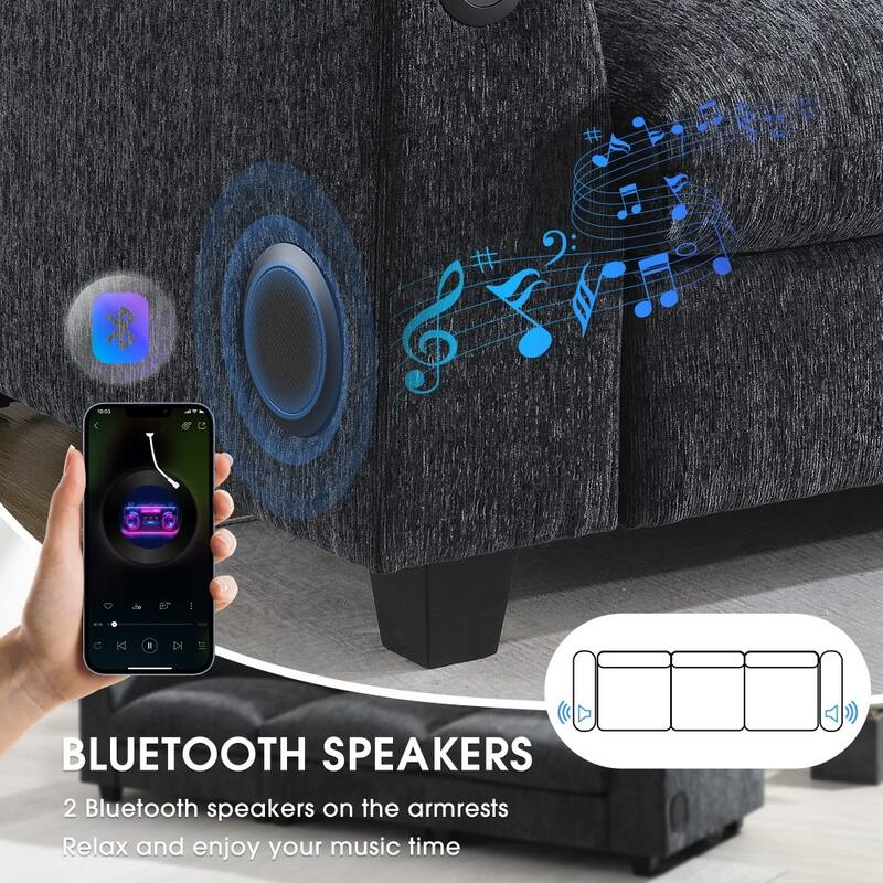 96'' Sectional Sofa with Bluetooth Speaker, Drop Down Table, USB Charger, Storage Armrest