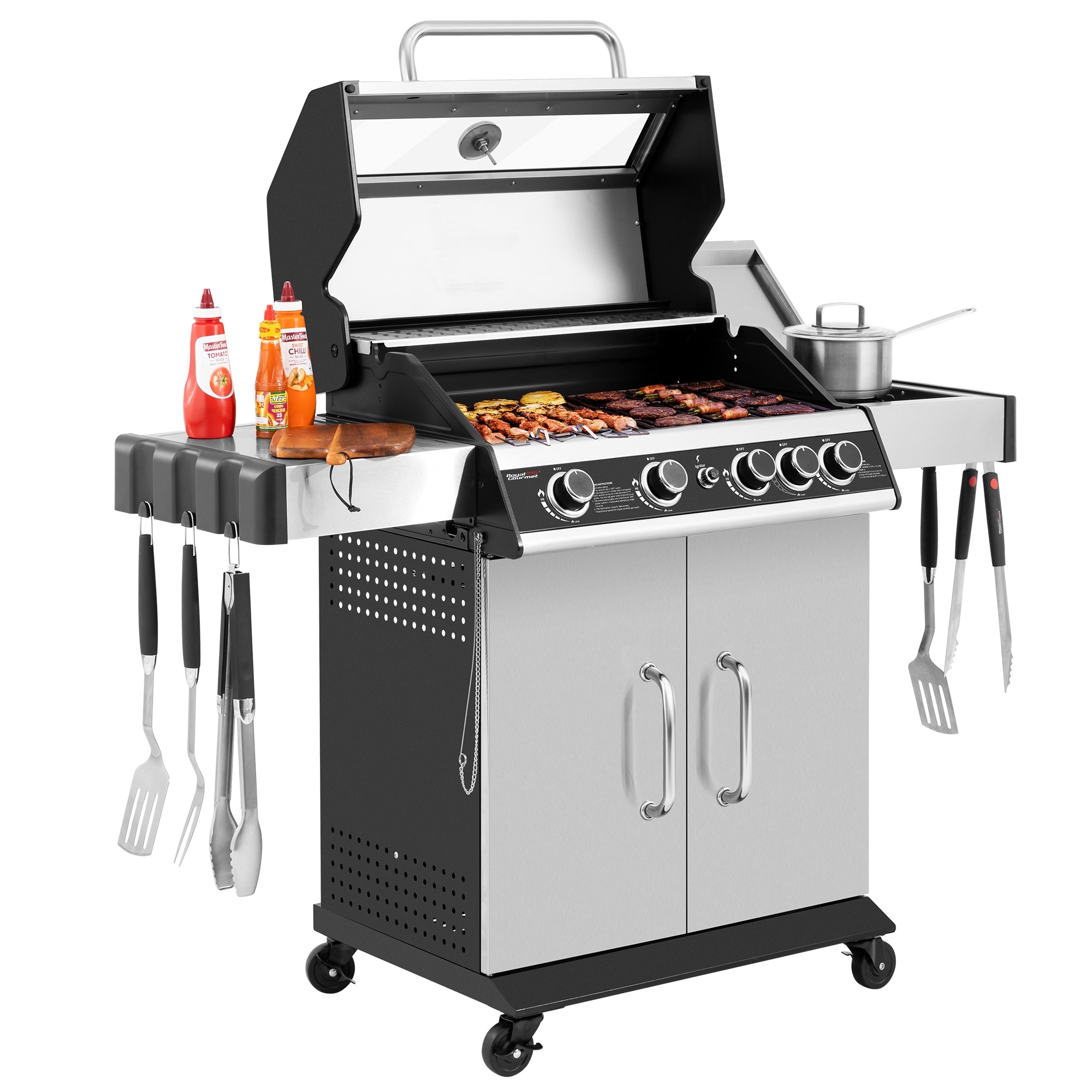 Royal Gourmet 4-Burner Stainless Steel Gas Grill w/ Side Burner, Glass Viewing Window for Backyard Patio, Silver