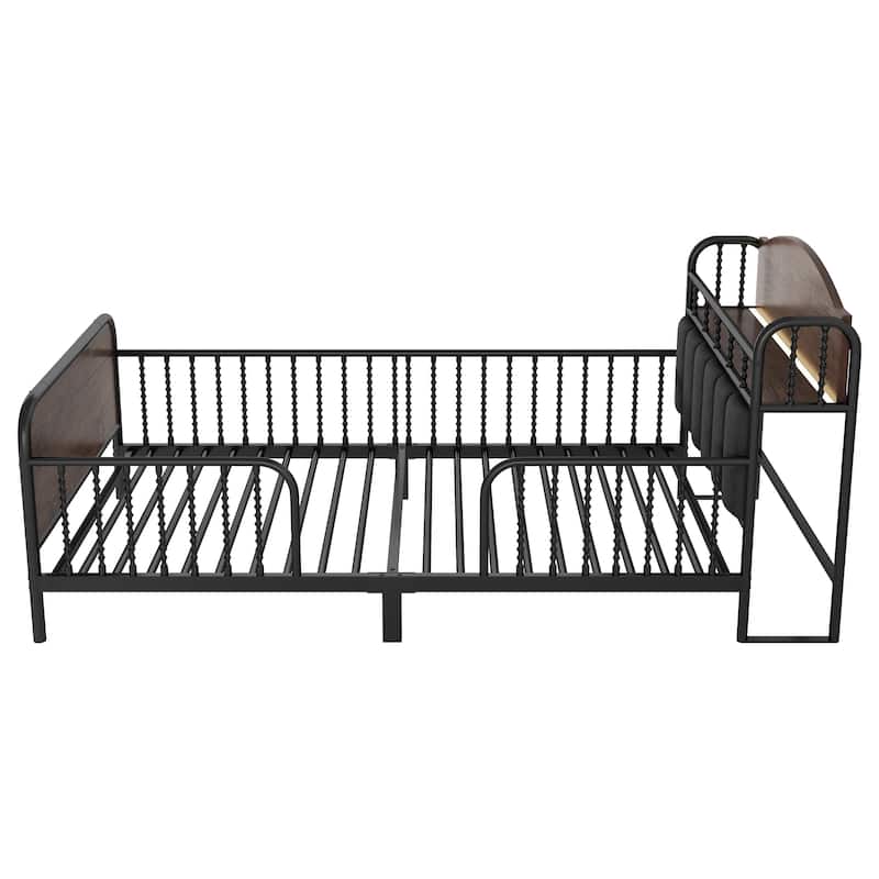 Kids Platform Bed Metal Frame with Linen Fabric Upholstered Storage Headboard Built-in Light Strip, Both Sides Rails