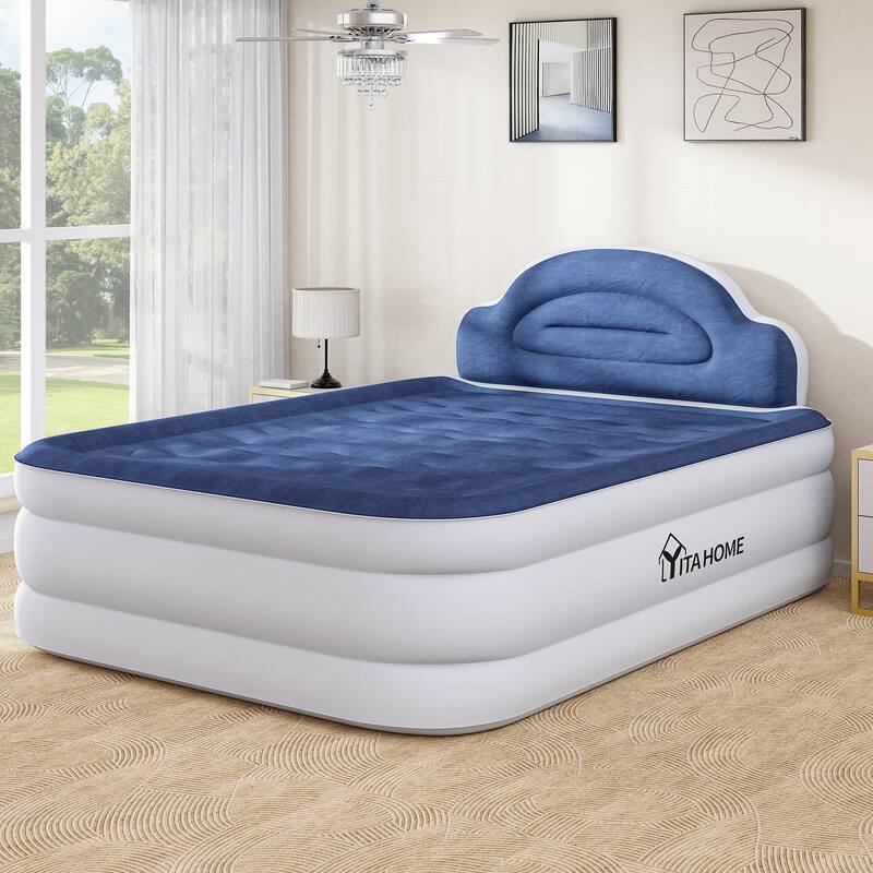Cloud-shaped inflatable mattress with a built-in power cord, fixed pump head, and inflatable headboard