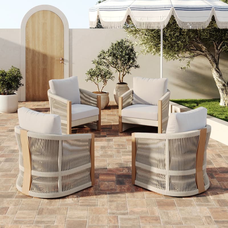 Jagger Farmhouse Patio Seating with Solid Acacia Wood Frame, Cushions, and Rope Accent - Gray/Light Brown - 4 Armchairs