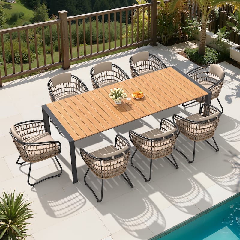 7/9-Piece Outdoor Patio Dining Set Aluminum Dining Table with Umbrella Hole and PE Rattan Chairs - Brown - Set of 9