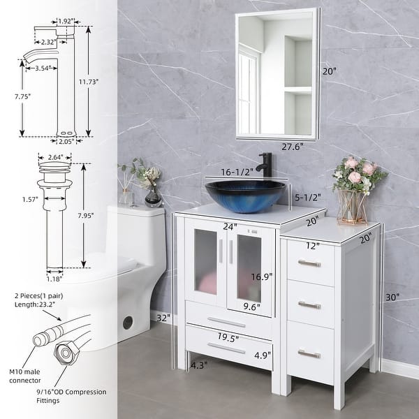 dimension image slide 7 of 12, 72" Bathroom Vanity Set Glass Ceramic Vessel Sink Side Cabinet Combo