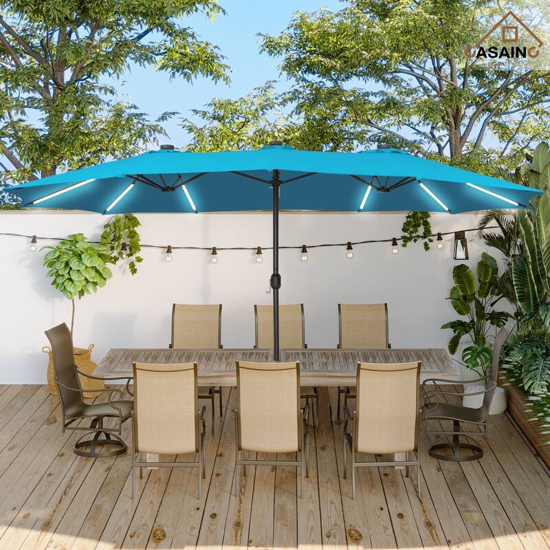 15 ft. Crank Double-sided Solar LED Ultra Lighted Outdoor Market Umbrella with Base Included