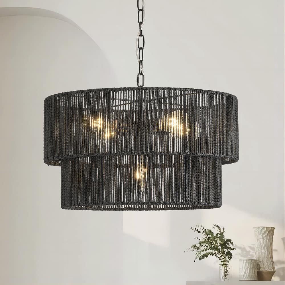 Starsky 5-Light 21in. Rattan Boho Tiered Drum Hand Woven Chandelier with Natural Rope Paper Shade