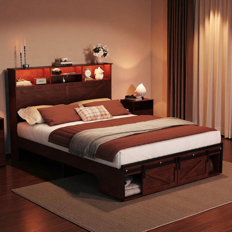 Farmhouse Full/Queen Bed Frame with Storage Headboard, Charging Station and RGB LED Lights, MDF and Steel Platform Bed
