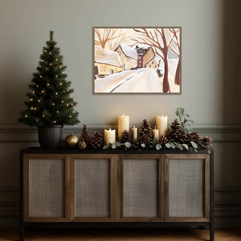Snowy Street I by Annie Warren Framed Canvas Wall Art Print - Sylvie Dark Gold
