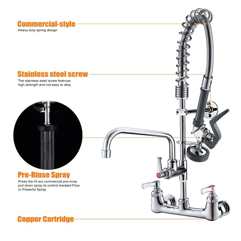 Commercial Wall Mount Kitchen Faucets Pre-Rinse Sprayer, 12 In Swivel Spout