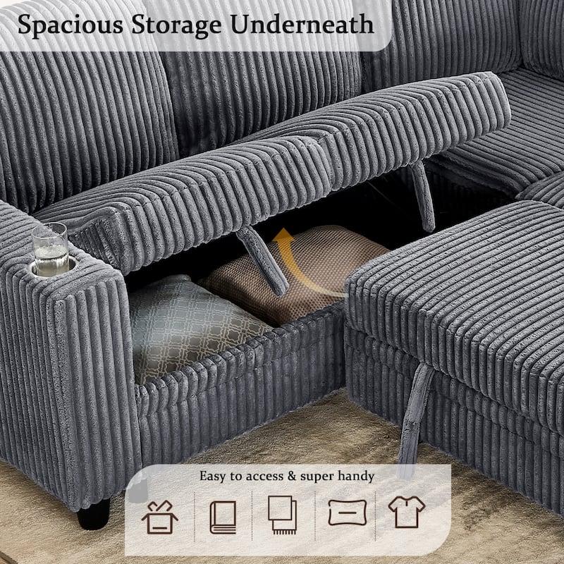 81" L-Shaped Corduroy Sectional Sofa with Pull-Out Bed