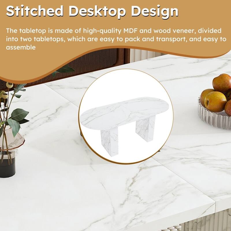 62.9" Oval Marble Top Kitchen Dining Table with Wood Strip Base and Waterproof Scratch Resistant Surface