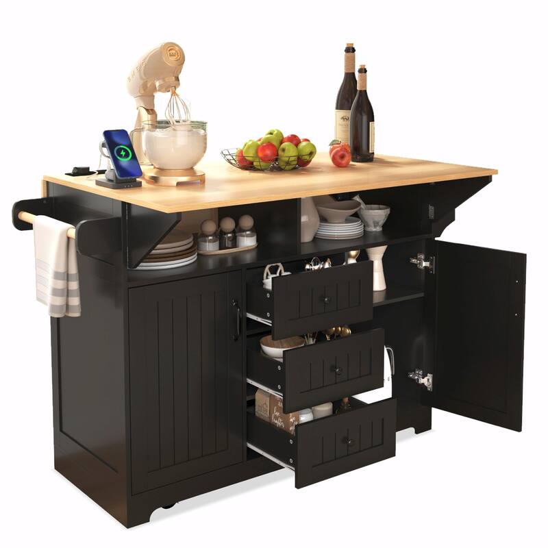 55.7" Kitchen Island with Drop Leaves, Rolling Cart with Power Outlet, Spice Rack, and 3 Drawers