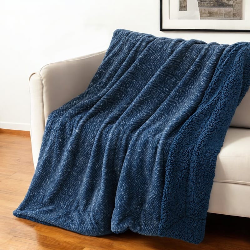 HomeRoots 50" X 60" Oxford Blue Faux Fur Herringbone Plush Throw Blanket - Throw - Oxford Blue
