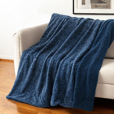 HomeRoots 50" X 60" Oxford Blue Faux Fur Herringbone Plush Throw Blanket