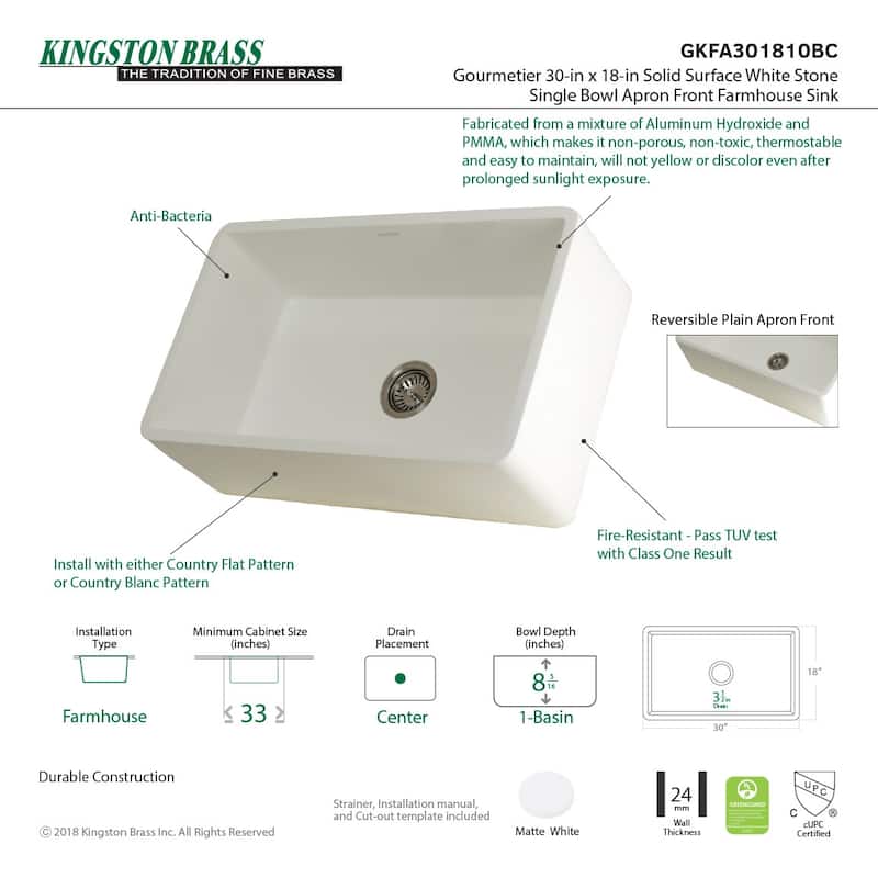 Kingston Brass Arcticstone 30" Farmhouse Single Basin Stone Composite