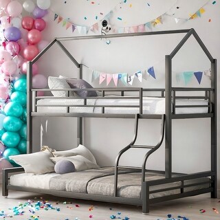 Contemporary Design Twin over Full Metal House Bunk Bed, Safety and Convenience, Stability and Durability, Space-saving, Black