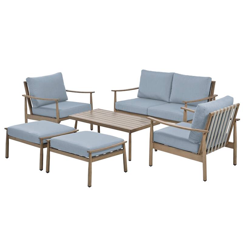 6-Piece Aluminum Patio Conversation Set, 2-Seat Outdoor Couch with Coffee Table and Cushions - Blue