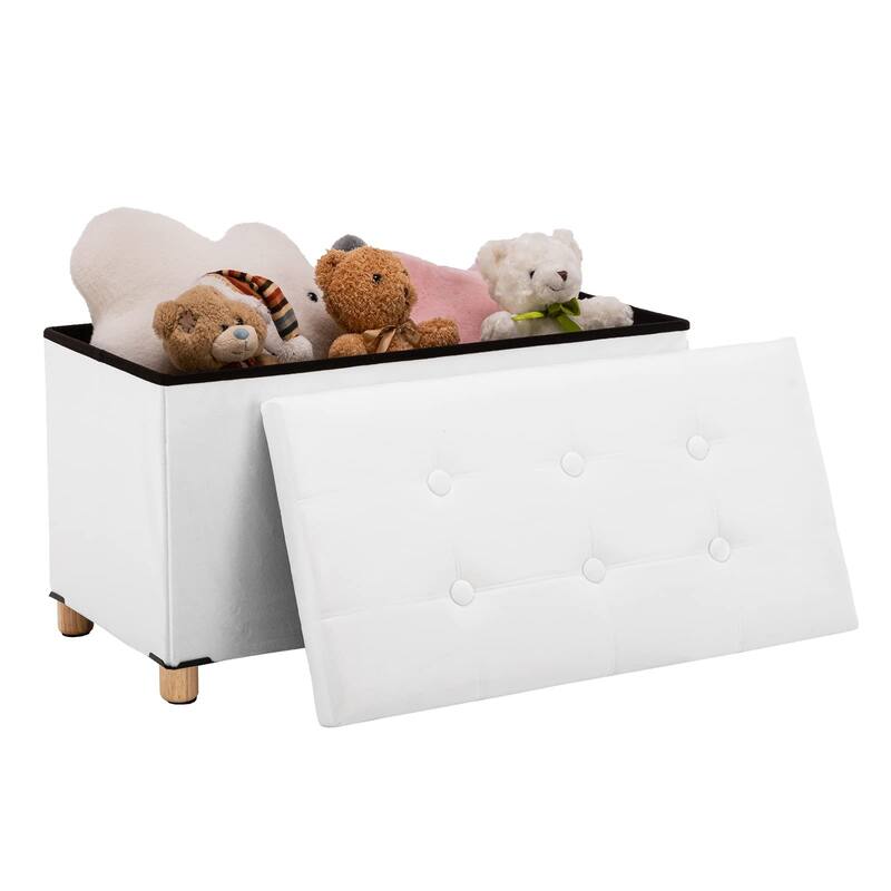 30 Inches Storage Ottoman Bench, Velvet Storage Bench, Folding Storage Chest, Footrest Couch with Wooden Legs, Support 350lbs - White