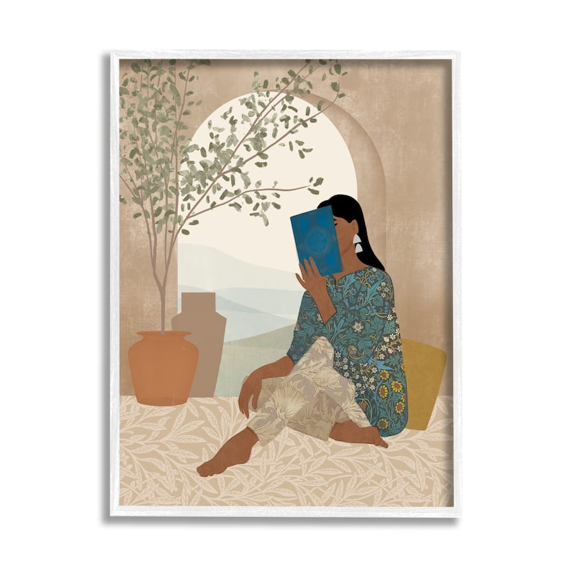 Stupell Boho Woman Reading Framed Giclee Art Design by Victoria Barnes - 16 x 20 - White