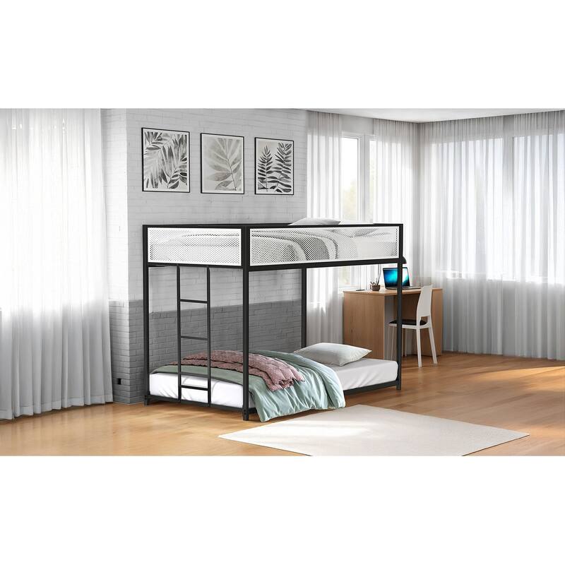 Contemporary Twin Over Twin Metal Bunk Bed with Ladder, Black Finish, Full Metal Construction - Matte Black