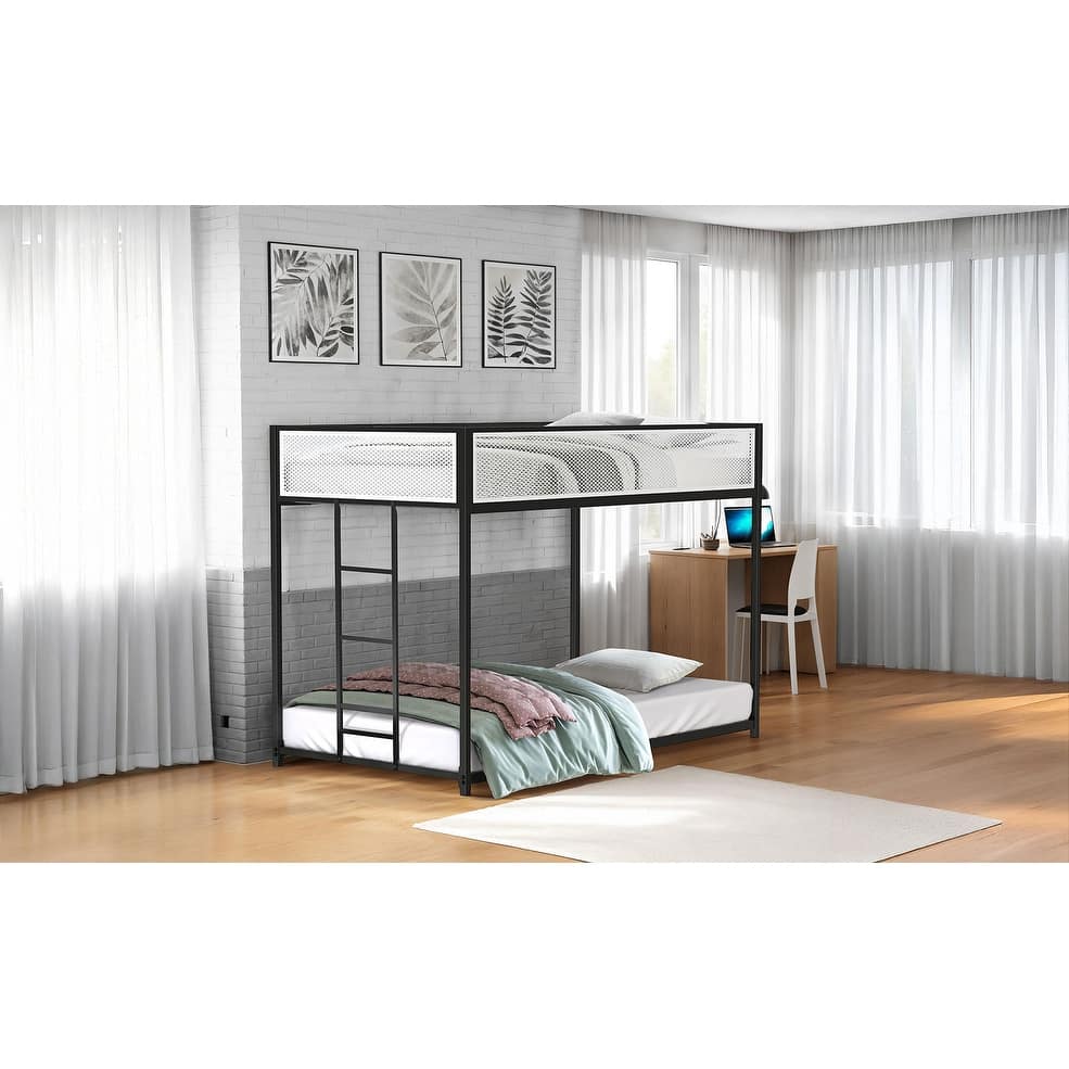 Contemporary Twin Over Twin Metal Bunk Bed with Ladder, Black Finish, Full Metal Construction