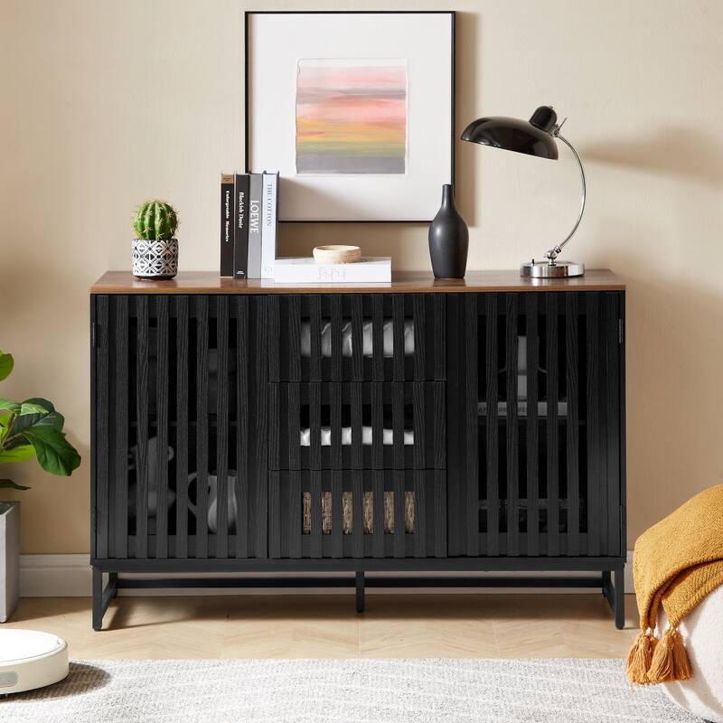 47.3" Horizontal Dresser with 3 Drawer and 2 Doors, Slatted Grille Striped Design and Hollow Caving - Black+Brown